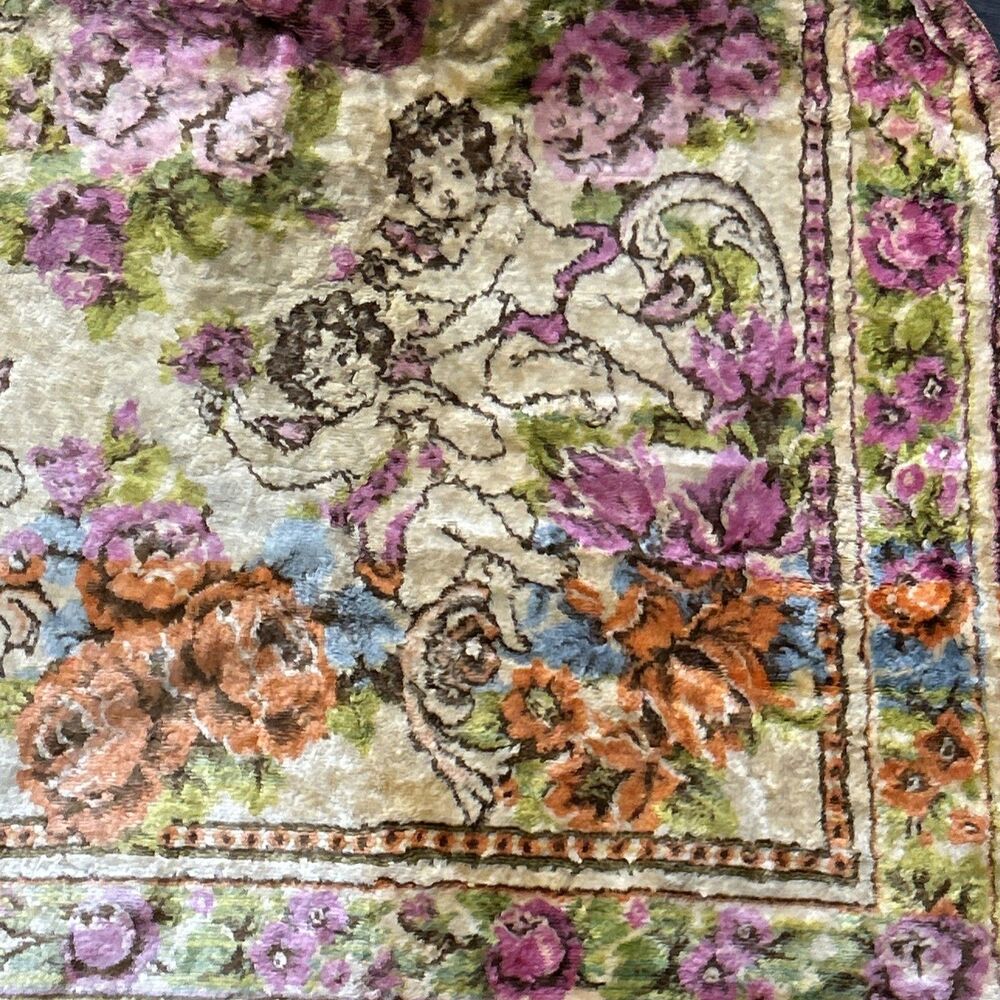 Vtg 1940's Italian Cherubs & Roses Bed Spread Cover 66”x73” Gold Pink Tapestry - Picture 7 of 13